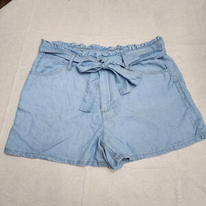 KanCan size XL light blue ultra high rise belted paper bag shorts